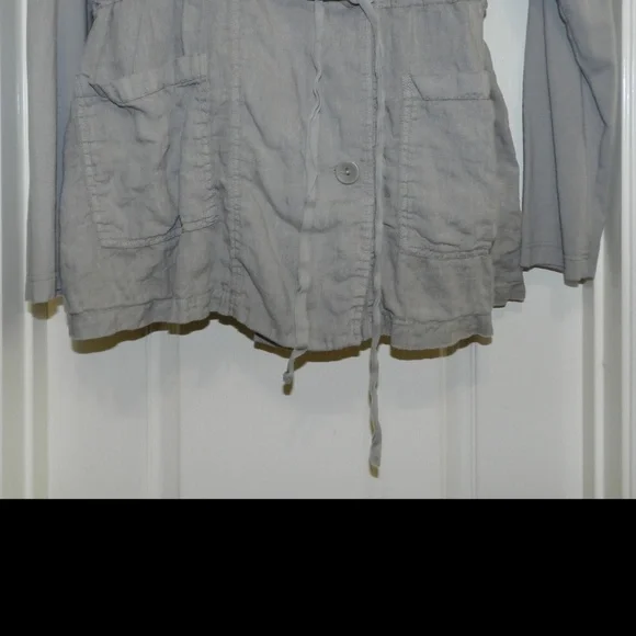 Flax Linen Button Front Hooded Jacket Drawstring Waist - Picture 5 of 12